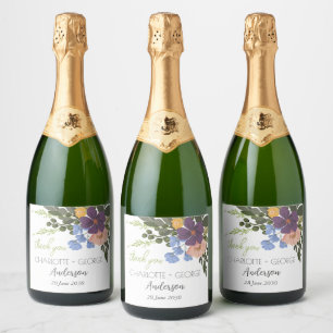 Purple Floral and Greenery Wedding Thank You Sparkling Wine Label