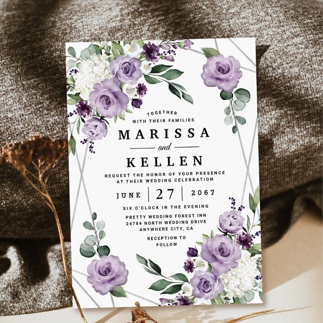 Purple Floral and Silver Geometric Elegant Wedding Invitation (Creator Uploaded)