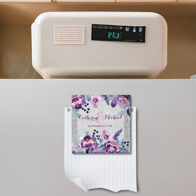 Purple Floral and Silver Glitter Magnet (Front view mauve luxe glam bloom wedding artistic summer pastel purple floral Save the Date Magnet)