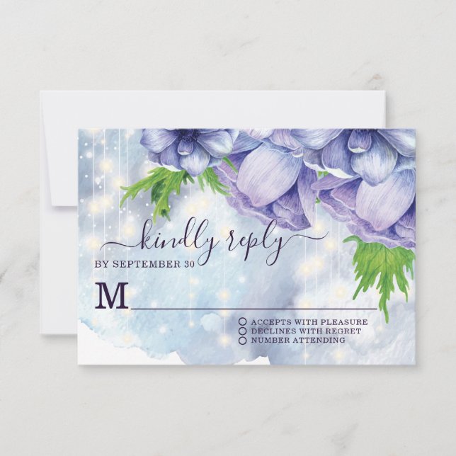 Purple Floral Anemone Wedding RSVP Card (Front)