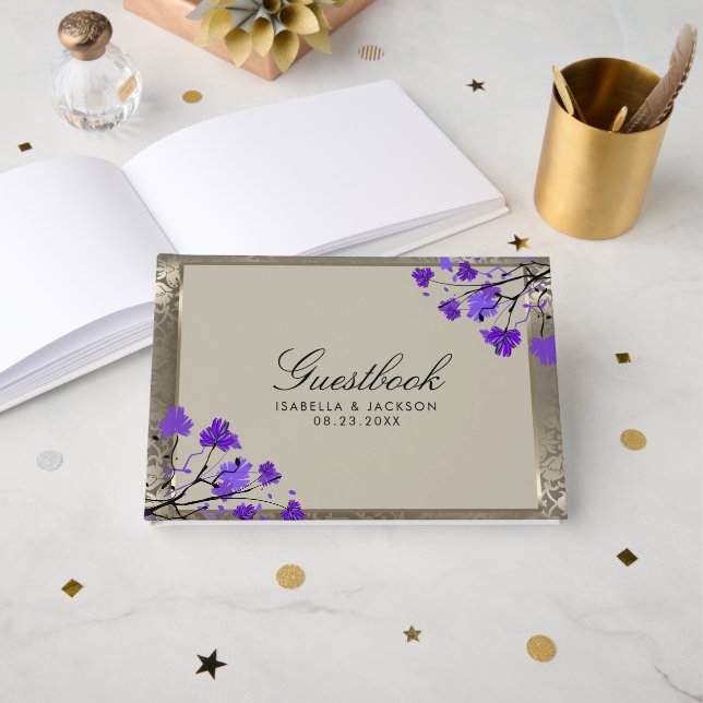 Purple Floral & Antique Silver Wedding Guest Book (Front Open)