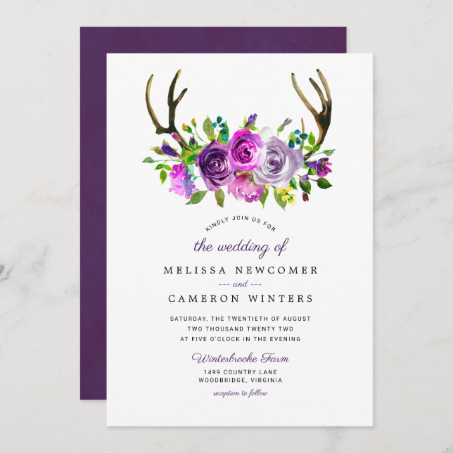 Purple floral antlers wedding invitation (Front/Back)