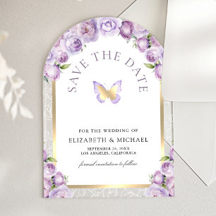 Purple Floral Arch Butterfly Wedding Save the Date Acrylic Invitations