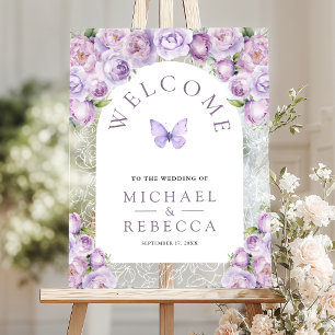 Purple Floral Arch Butterfly Wedding Welcome Acrylic Sign