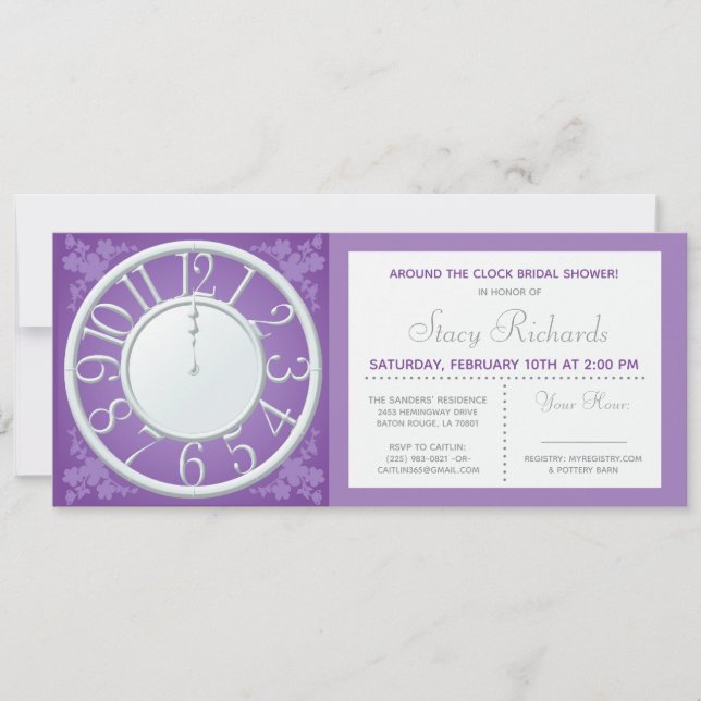 Purple Floral Around the Clock Shower Invite (Front)