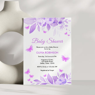 Purple Floral Baby Girl Butterfly Baby Shower  Invitation