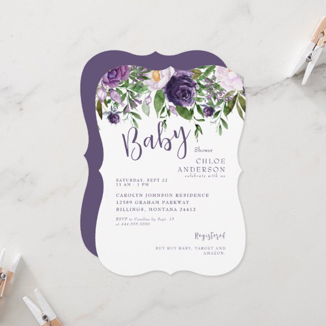 Purple Floral Baby Girl Shower Bracket Invitation (Front/Back In Situ)
