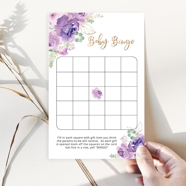 Purple floral baby shower bingo game (Creator Uploaded)