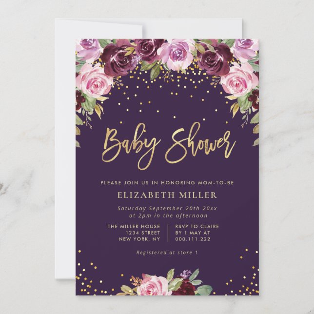 purple floral baby shower invitation (Front)