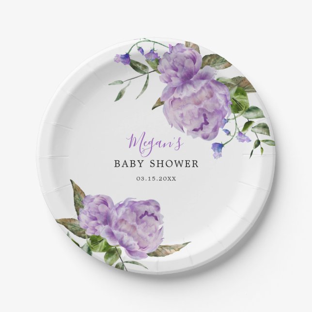 Purple Floral Baby Shower Paper Plate (Front)