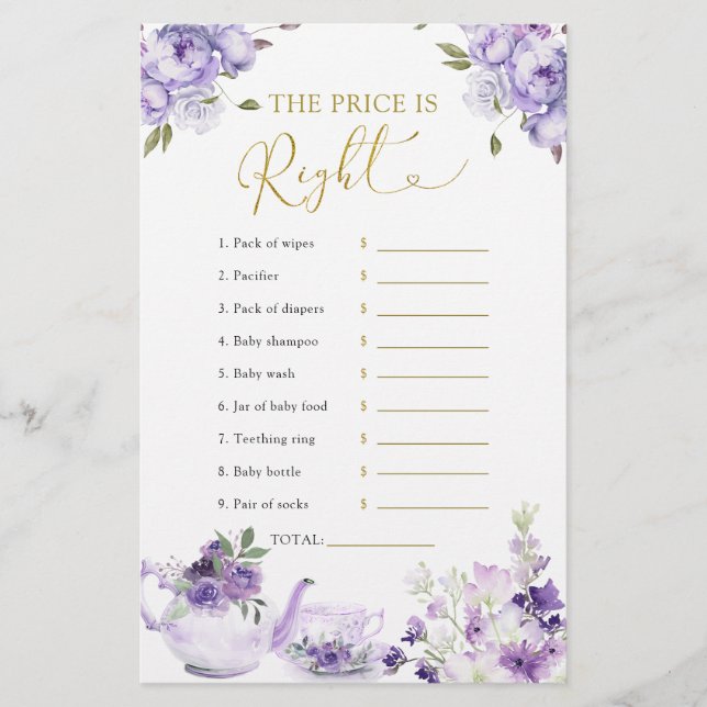 Purple Floral Baby Shower Tea The Price is Right (Front)