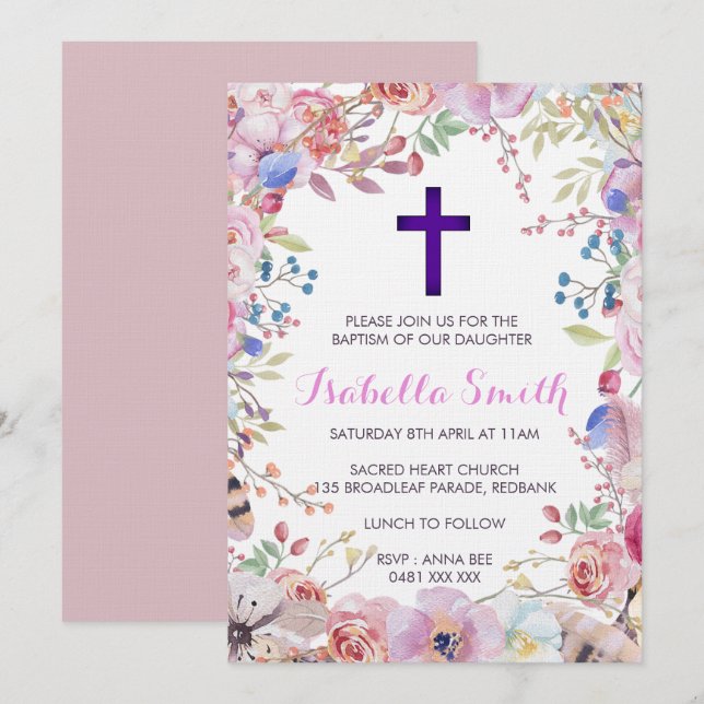 Purple floral Baptism /Christening Invitation Girl (Front/Back)