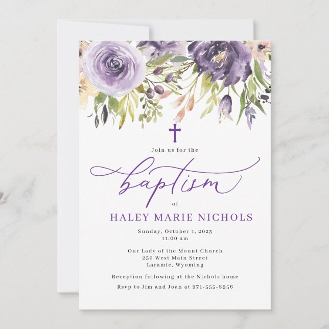 Purple Floral Baptism Invitation (Front)