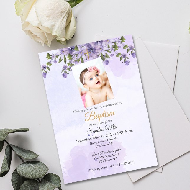 Purple Floral Baptism Invitation (Purple Floral Baptism Invite)