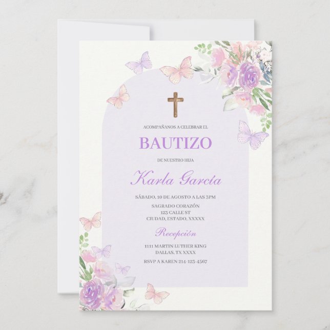 Purple Floral Baptism Spanish Invitation (Front)