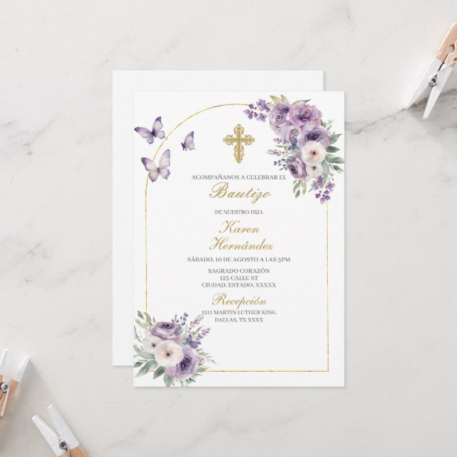 Purple floral Baptism Spanish Invitation (Front/Back In Situ)