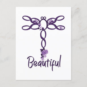 Purple Floral "Beautiful" Dragonfly Design Postcard