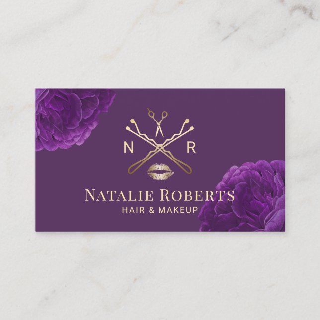 Purple Floral Beauty Logo Hair & Makeup Artist Business Card (Front)