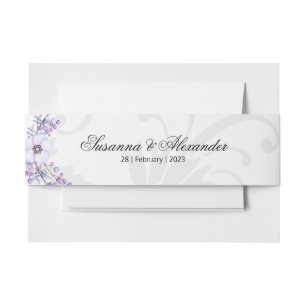 Purple Floral Berries and Grey Damask Invitation Belly Band