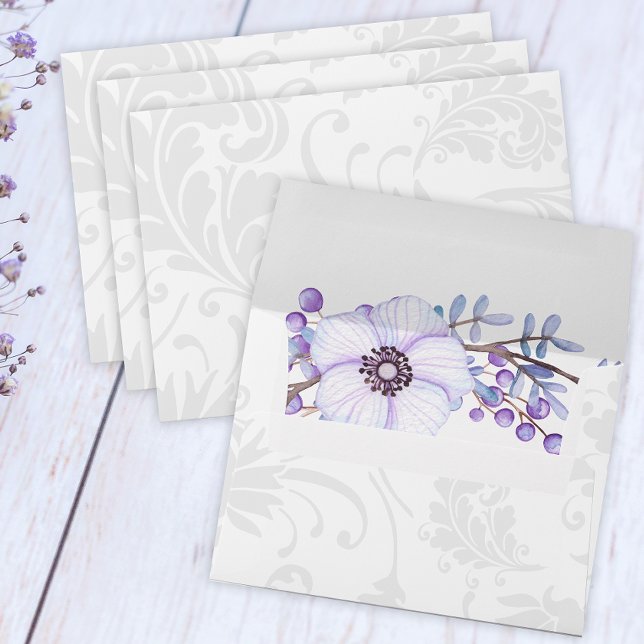 Purple Floral Berries and Grey Damask Wedding Envelope (Creator Uploaded)