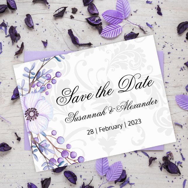 Purple Floral Berry Wreath Wedding Save the Date Announcement Postcard (Creator Uploaded)