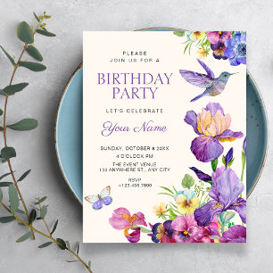 Purple Floral bird art elegant birthday Invitation