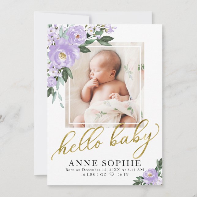 Purple Floral Birth Announcement & Thank You Card (Front)