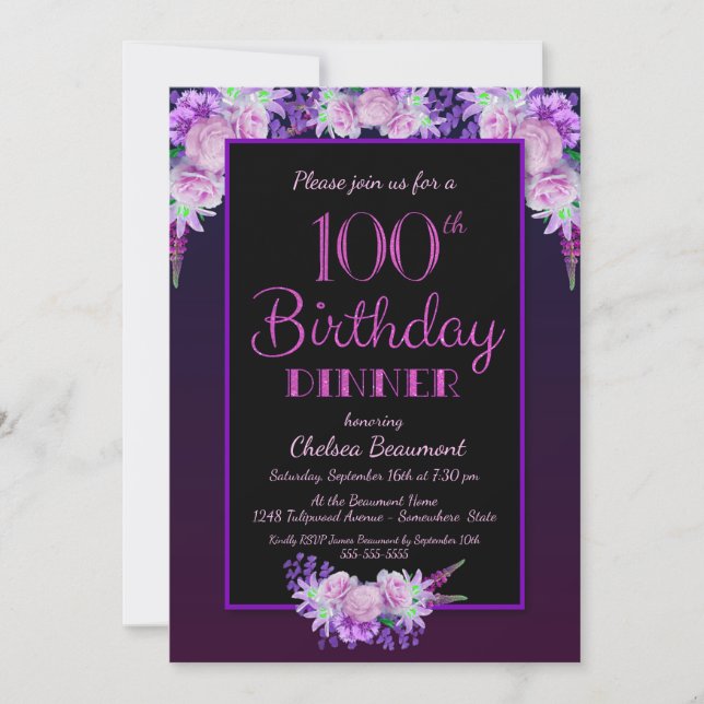 Purple Floral Black 100th Birthday Dinner Party Invitation (Front)
