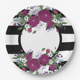 Purple Floral Black And White Stripes Flowers Paper Plate