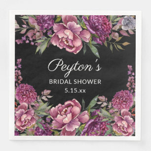 Purple Floral Black Bridal Shower Name Date Napkin