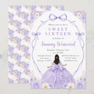 Purple Floral Black Princess Sweet Sixteen Invitation