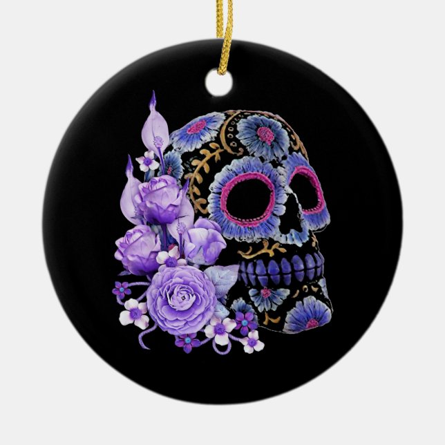Purple Floral Black Sugar Skull Ceramic Tree Decoration (Front)