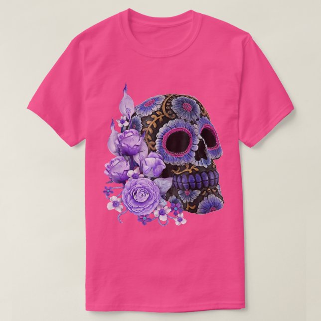 Purple Floral Black Sugar Skull Day Of he Dead  T-Shirt (Design Front)