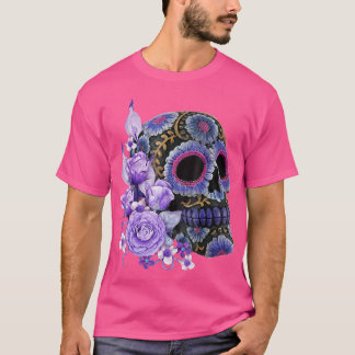 Purple Floral Black Sugar Skull Day Of he Dead  T-Shirt