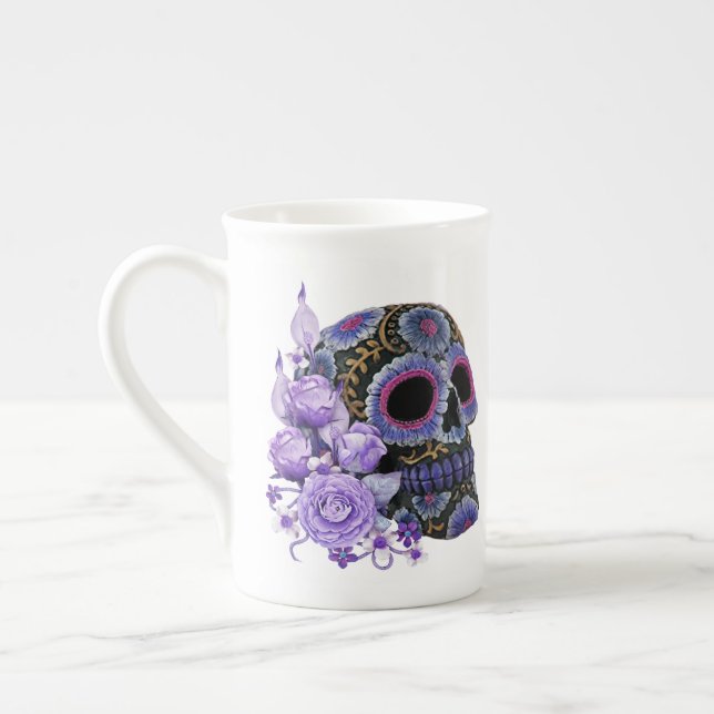 Purple Floral Black Sugar Skull Day Of The Dead Bone China Mug (Left)