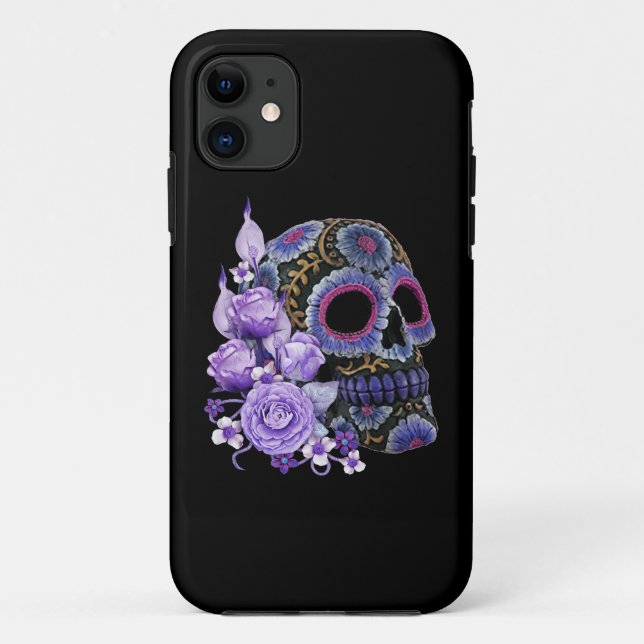 Purple Floral Black Sugar Skull Day Of The Dead Case-Mate iPhone Case (Back)