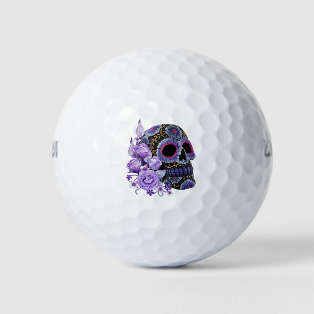Purple Floral Black Sugar Skull Day Of The Dead Golf Balls (Front)