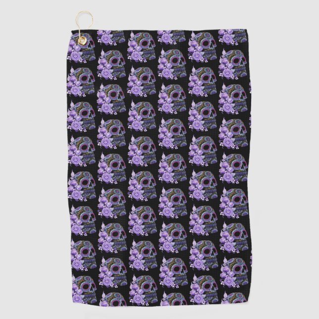 Purple Floral Black Sugar Skull Day Of The Dead Golf Towel (Front)