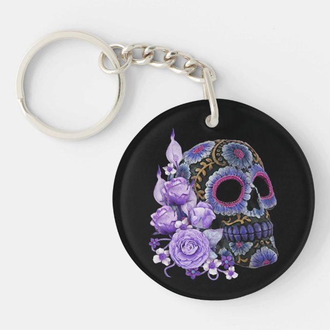 Purple Floral Black Sugar Skull Day Of The Dead Key Ring (Front)