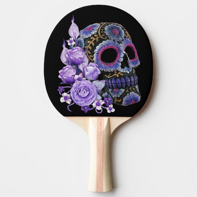 Purple Floral Black Sugar Skull Day Of The Dead Ping Pong Paddle (Front)
