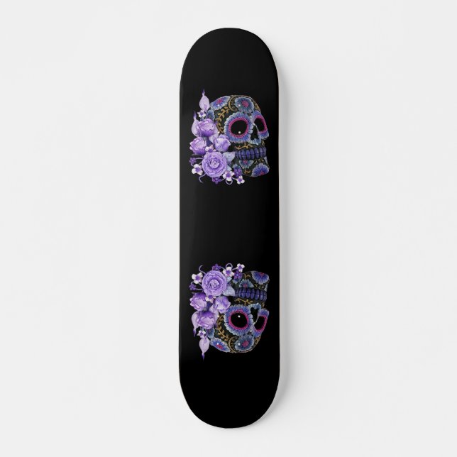 Purple Floral Black Sugar Skull Day Of The Dead Skateboard (Front)