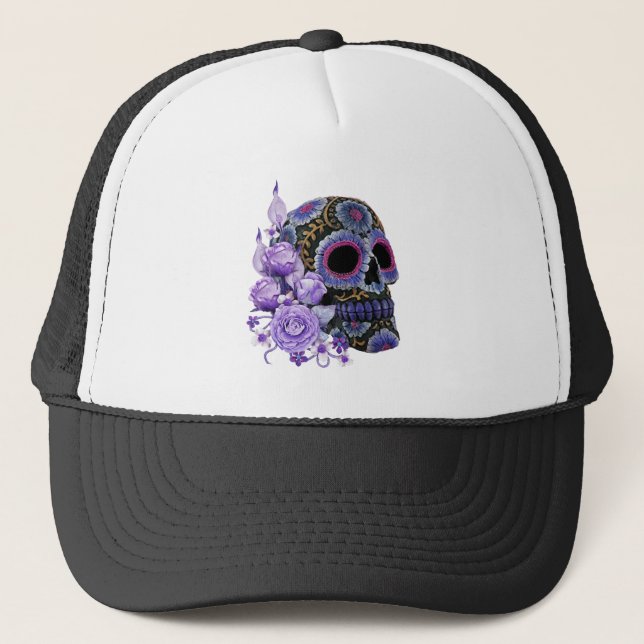 Purple Floral Black Sugar Skull Day Of The Dead Trucker Hat (Front)