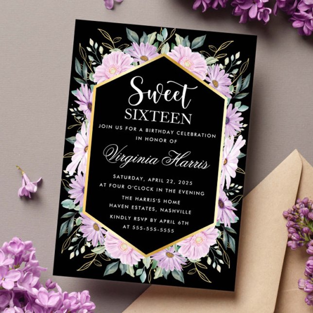 Purple Floral Black Sweet Sixteen 16 Birthday Invitation (Creator Uploaded)