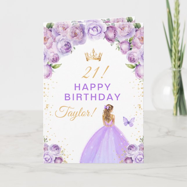 Purple Floral Blonde Hair Girl Happy Birthday Card (Front)