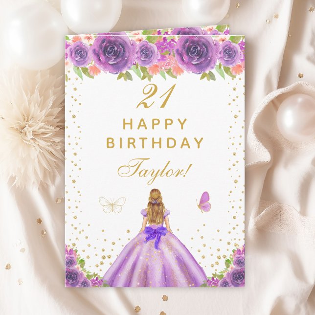 Purple Floral Blonde Hair Girl Happy Birthday Card (Creator Uploaded)