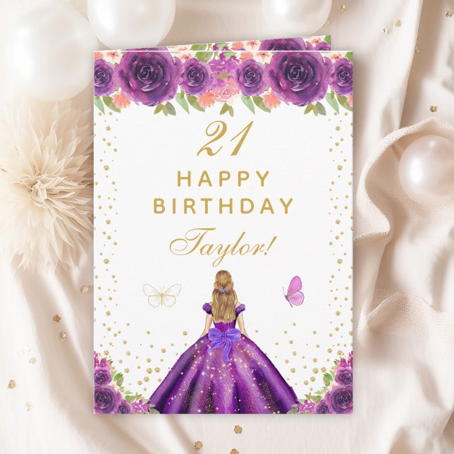 Purple Floral Blonde Hair Girl Happy Birthday Card (Creator Uploaded)