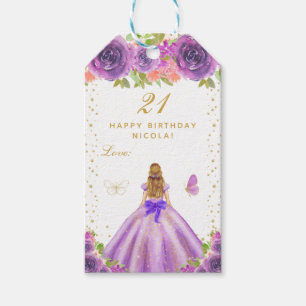 Purple Floral Blonde Hair Girl Happy Birthday Gift Tags