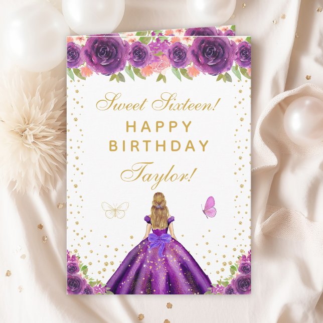 Purple Floral Blonde Hair Girl Sweet Sixteen Card (Creator Uploaded)