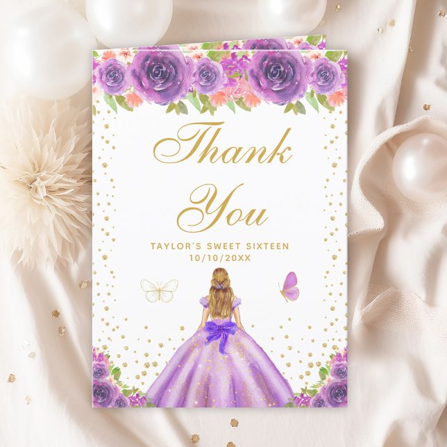 Purple Floral Blonde Hair Girl Sweet Sixteen Thank You Card (Creator Uploaded)
