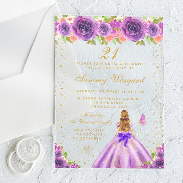 Purple Floral Blonde Hair Princess Birthday Party Acrylic Invitations (Creator Uploaded)